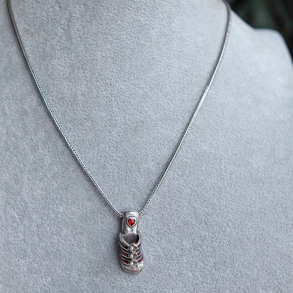 Brighton Red Sandal Shoe Pendant Necklace Silver Plated Gemstone Retired - Picture 7 of 7